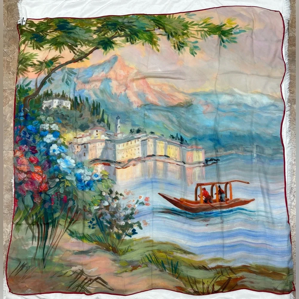 Massimo Ravinale Artistic Silk Scarf with Red Trim